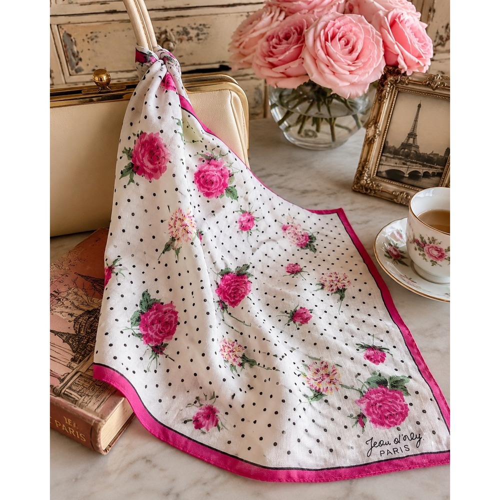 Vintage Jean d'Orly Paris Floral Handkerchief Pink Roses Polka Dot Hankie